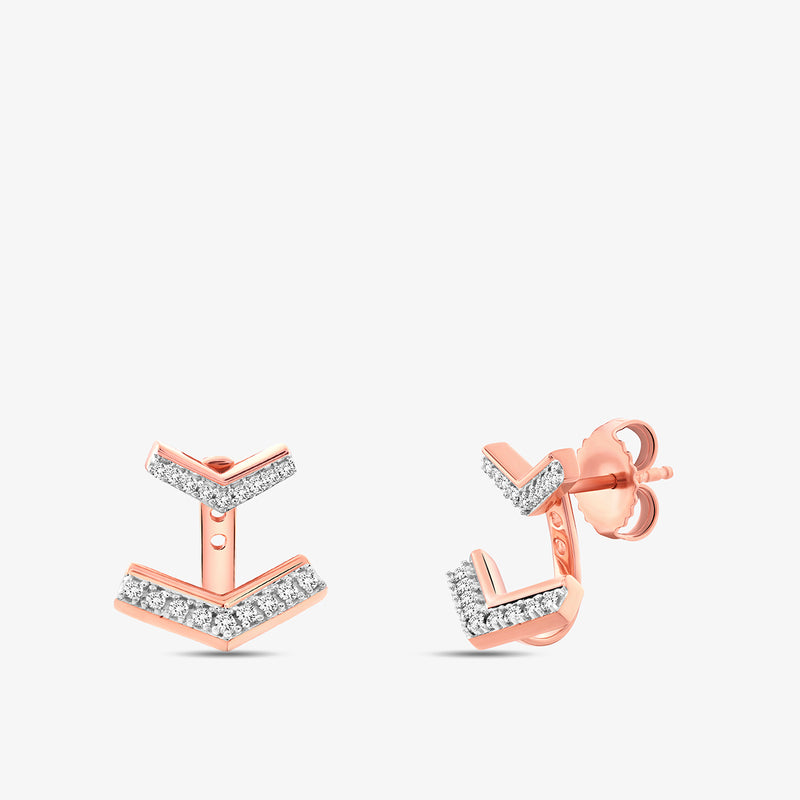 Keemti Jewels CHEVRON Vista Ear JACKETS in rose gold with diamonds, front and side views on a white background.