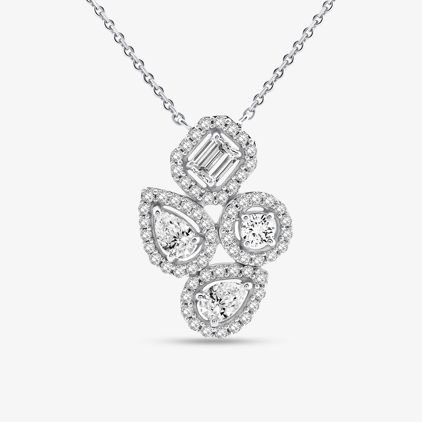 PRISM Bloom pendant with halo stones: baguette and round cuts on silver-toned setting