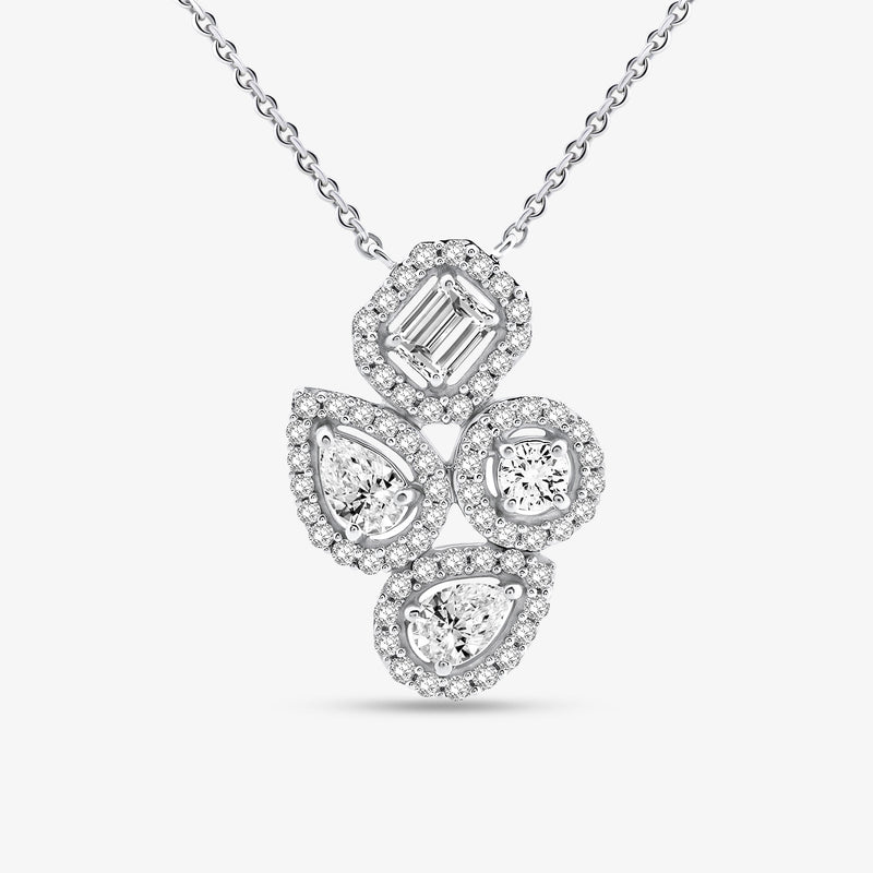 PRISM Bloom pendant with halo stones: baguette and round cuts on silver-toned setting