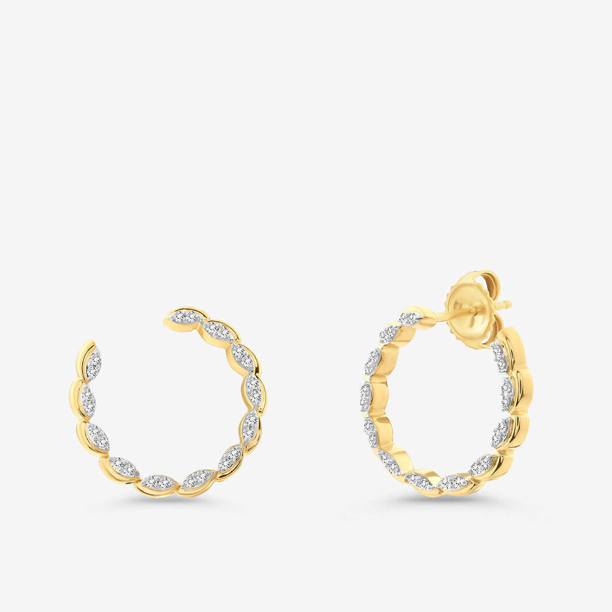 Spark Hoop earrings: gold-tone hoop with white sparkle stones, side view