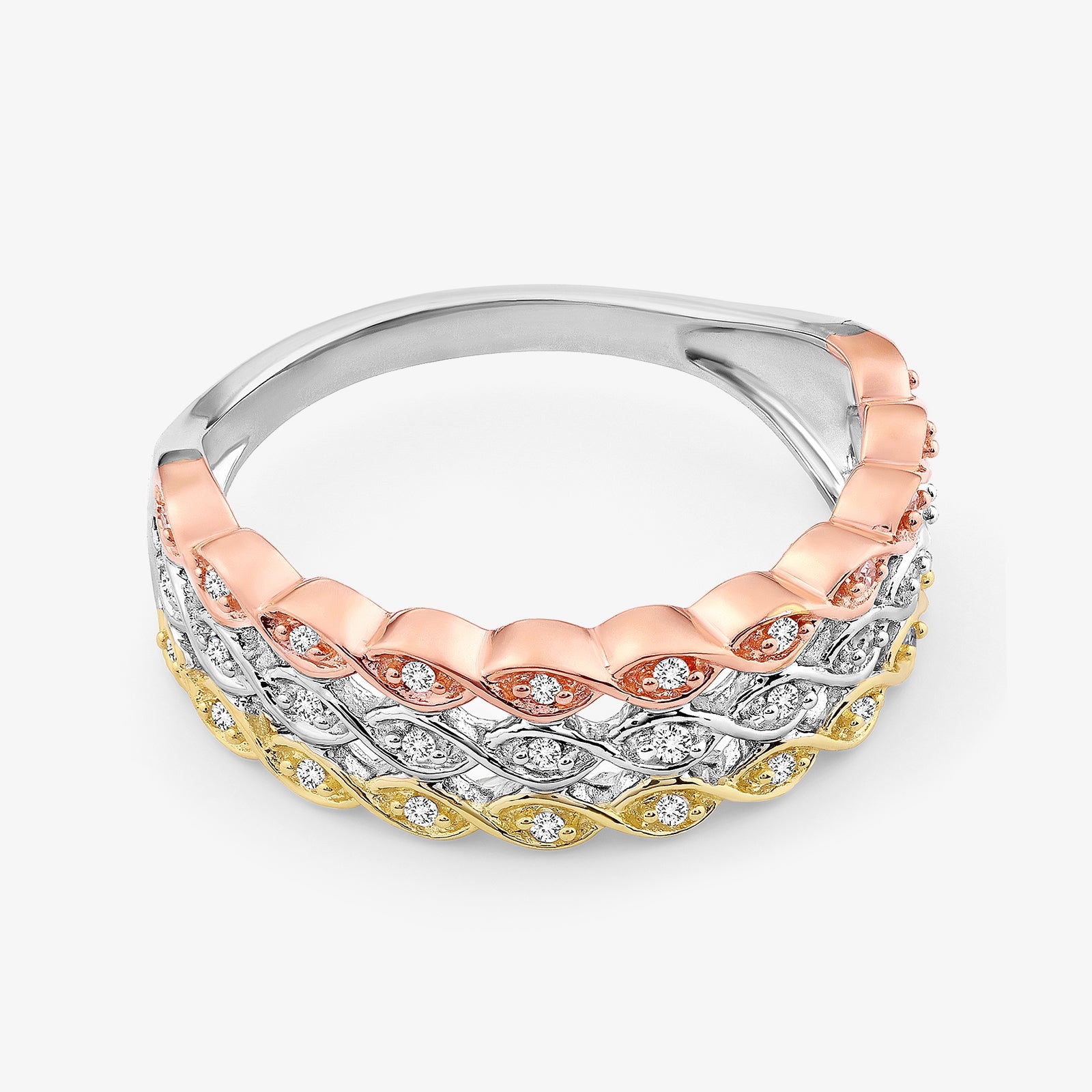 Three-tone braid diamond ring band in rose, silver, and yellow gold with pavé stones