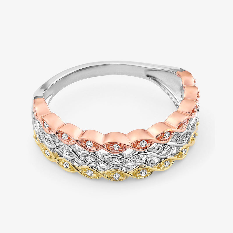 Three-tone braid diamond ring band in rose, silver, and yellow gold with pavé stones