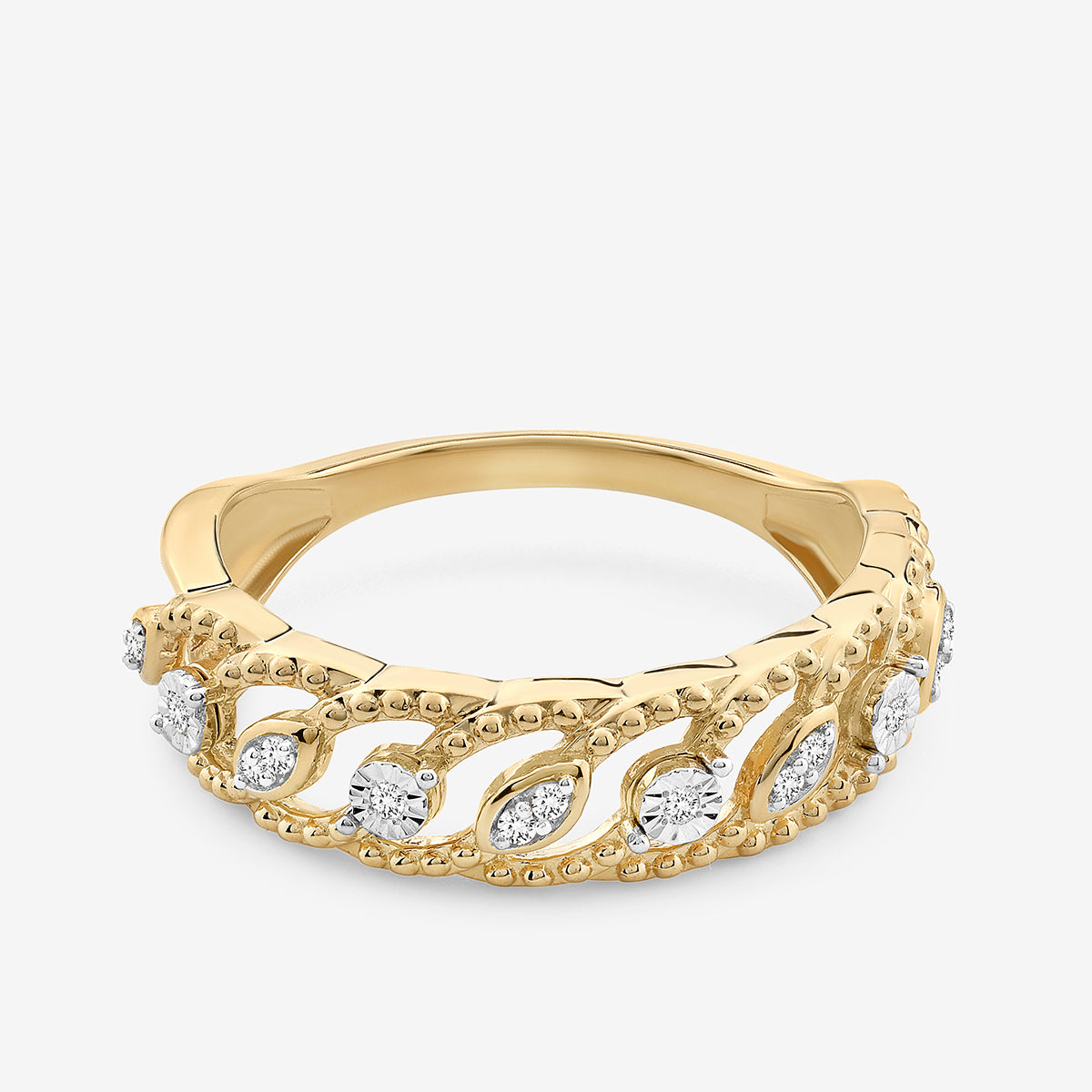 Keemti Jewels FLORAL Vine Band RING with intricate leaf and vine design, accented by small round diamonds.