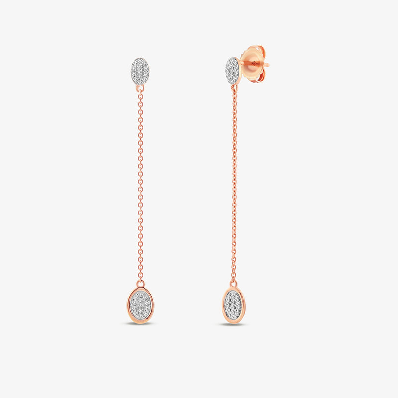 Keemti Jewels AMARA Round Dangler Earrings feature rose gold chains and oval diamond accents at top and bottom.