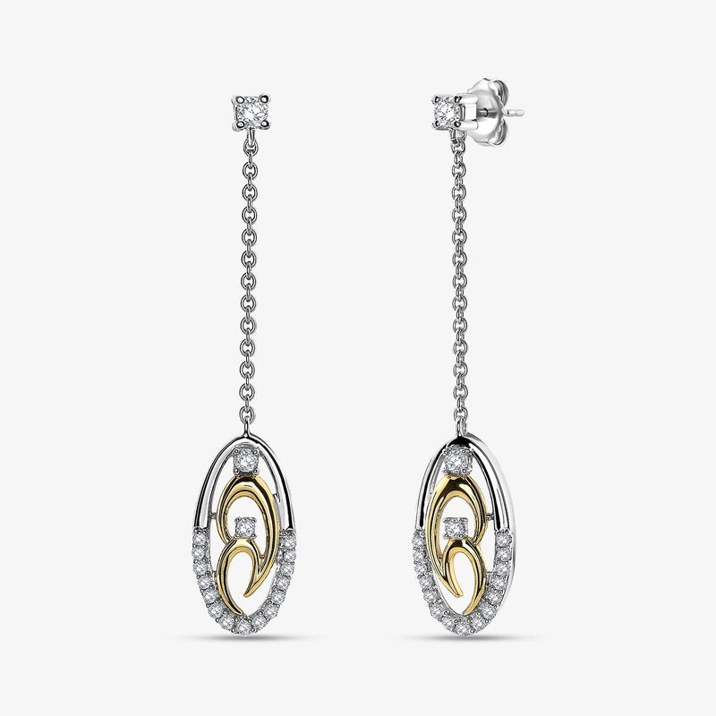Two-tone chain drop earrings, oval pendant and stud clasp, gold inlay with pavé border