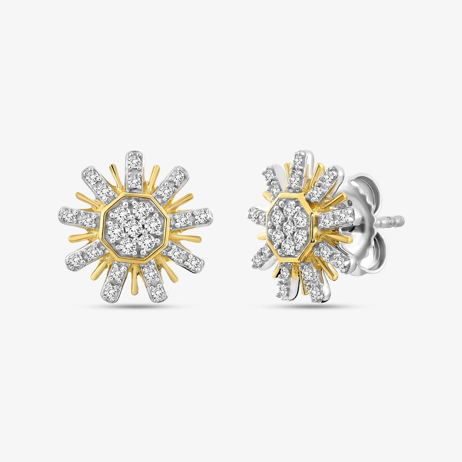 Sunburst diamond stud earrings: silver center, gold rays, pavé stones