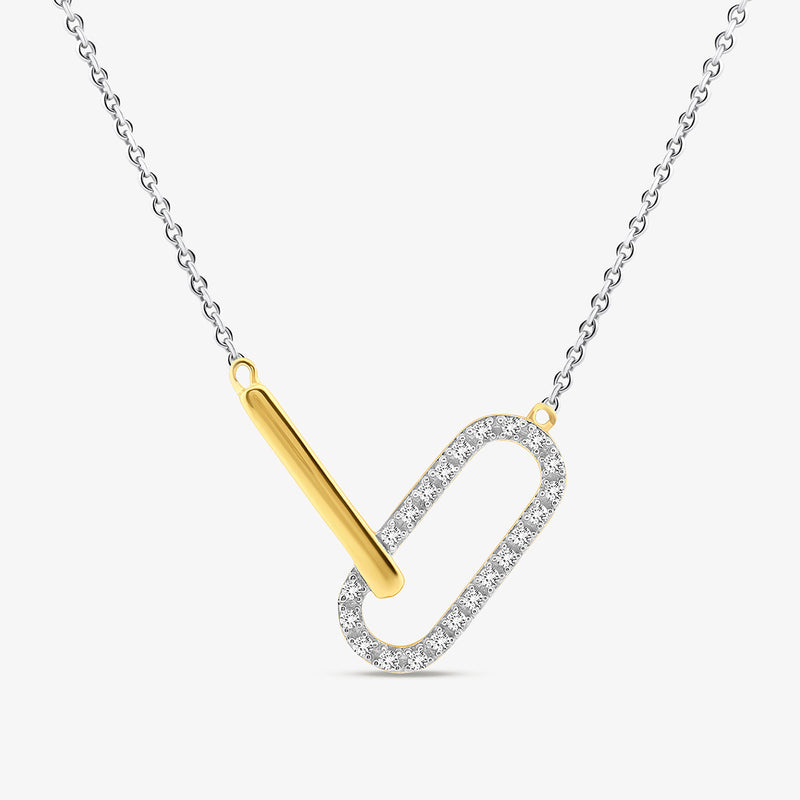 Keemti Jewels CHIC Interlocking Link NECKLET: an elegant gold and diamond pendant on a silver chain, shown on white.