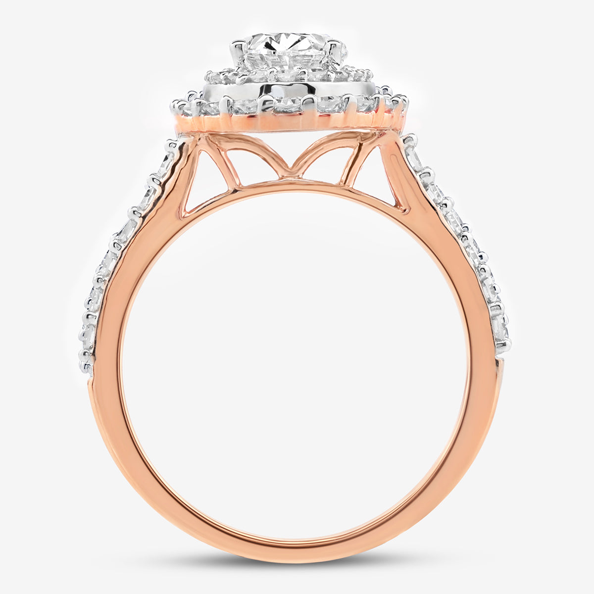Side view of the ETERNAL Glow Oval Halo Ring by Keemti Jewels in rose gold with halo and oval center stone.