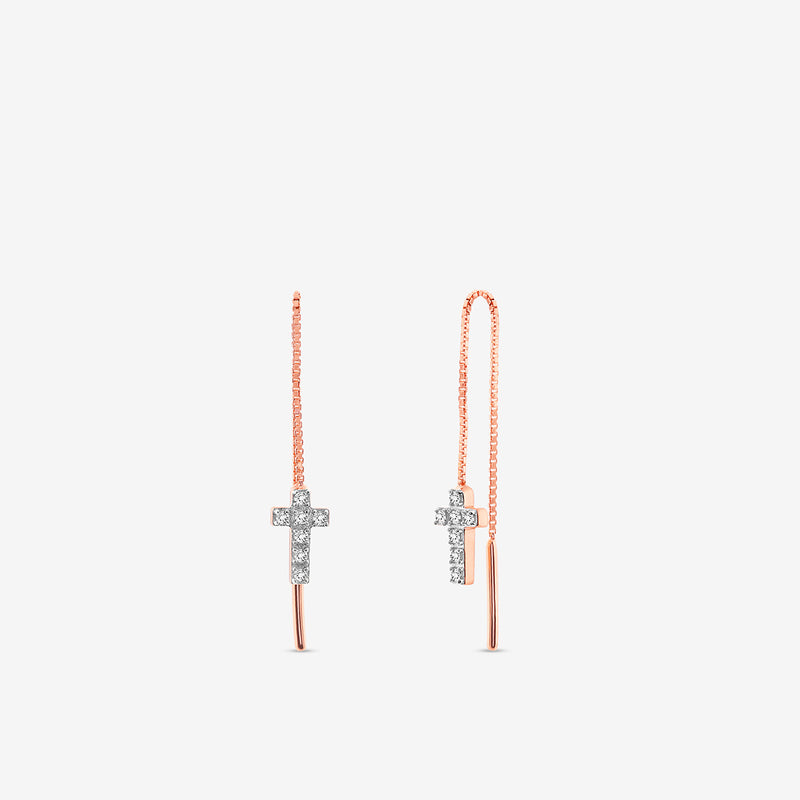 SACRED Cross Sui Dhaga earrings by Keemti Jewels: rose gold threaders with diamond-studded pendants.