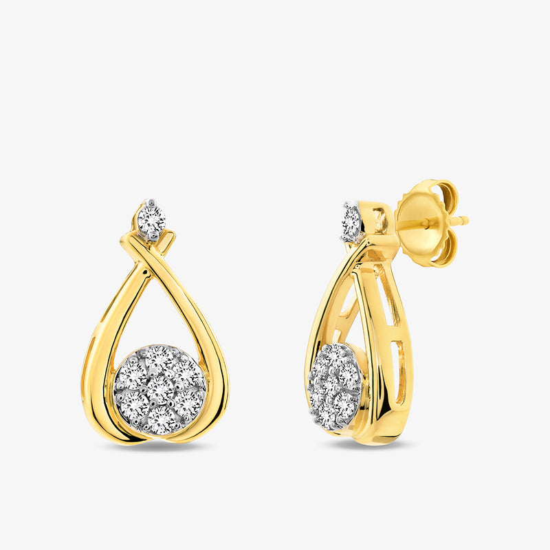 Keemti Jewels AURELIA Stud Earrings: yellow-plated gold diamond teardrop clusters, shown front and side on white.