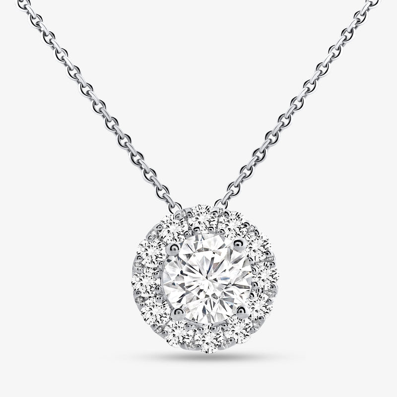 Round solitaire-style center stone in glittering halo, silver tone necklace chain