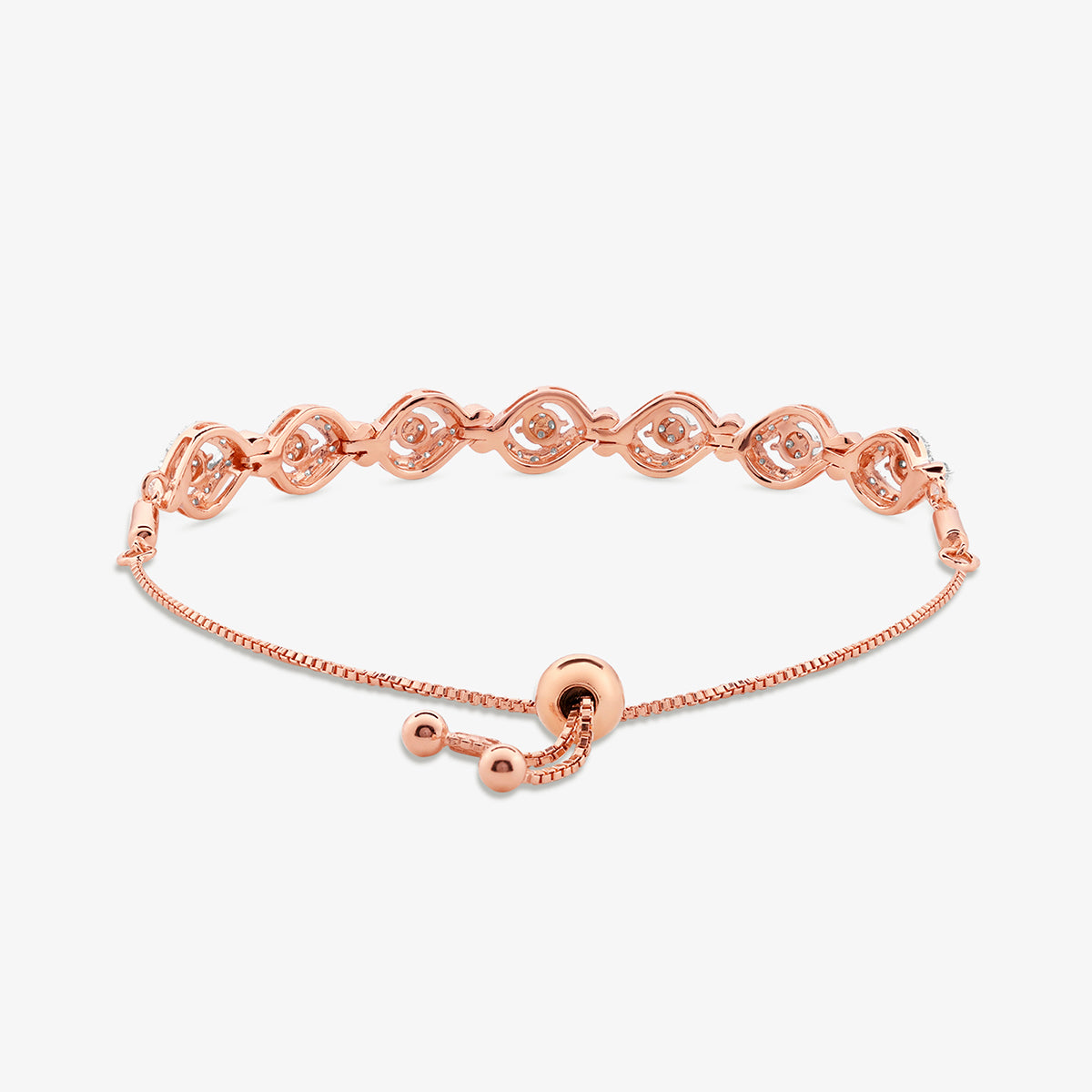 Keemti Jewels ADJUSTABLE Swirl Link BRACELET in rose gold with oval links and round diamonds on white background.