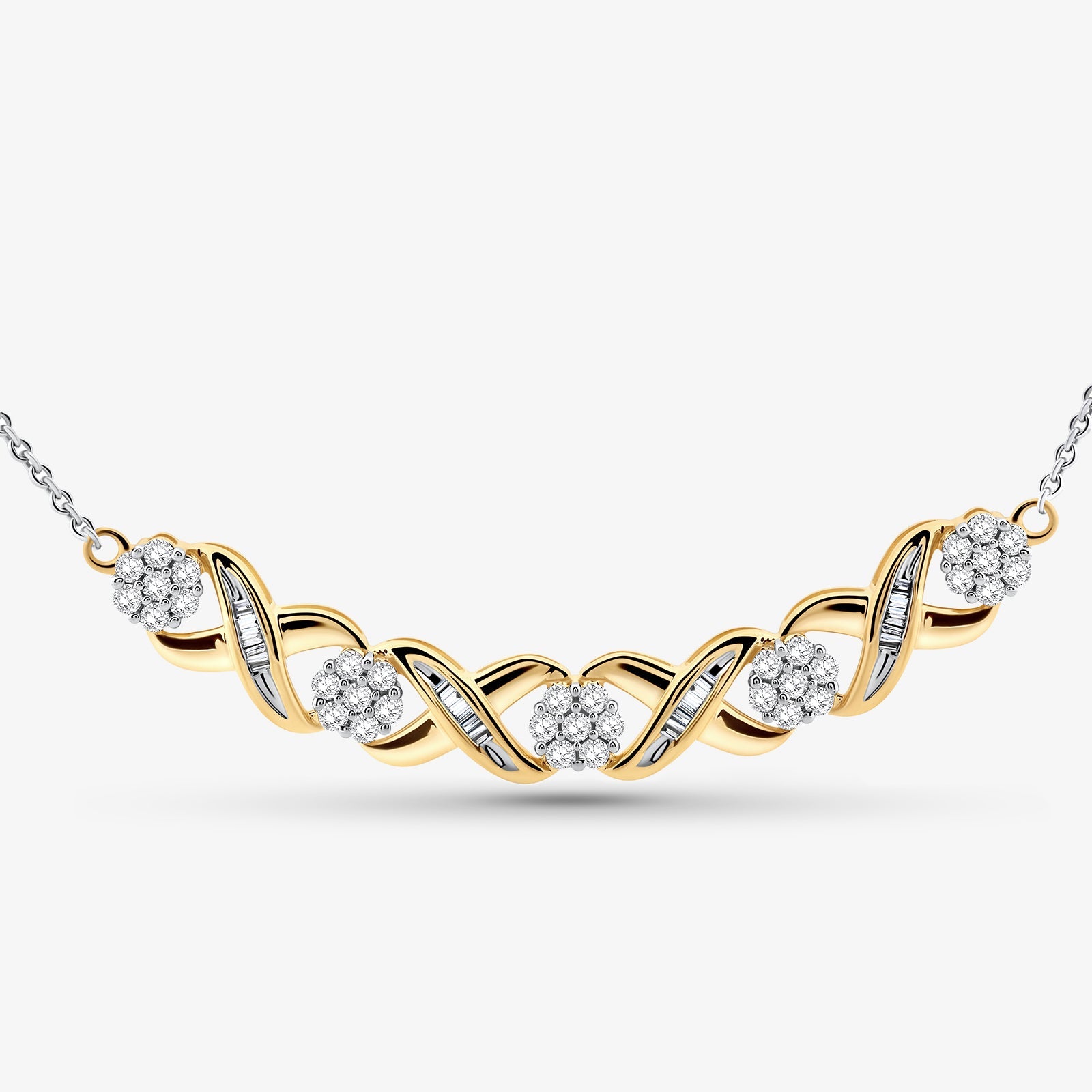 Interlinked curved diamond necklet, gold-tone links with pavé-look round diamond clusters