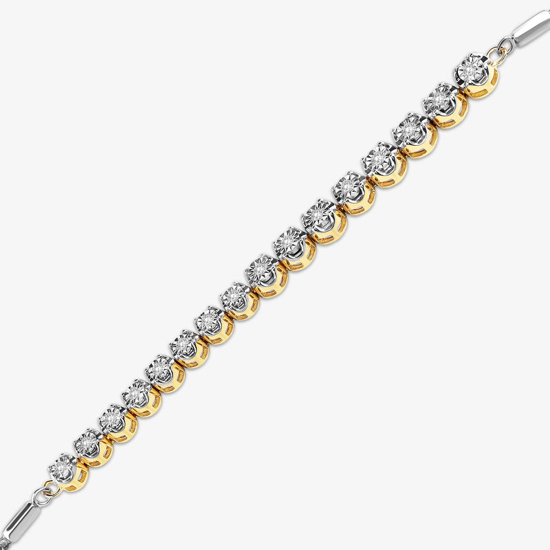 DUAL Tone line bolo bracelet close-up, gold-toned settings with round pavé stones