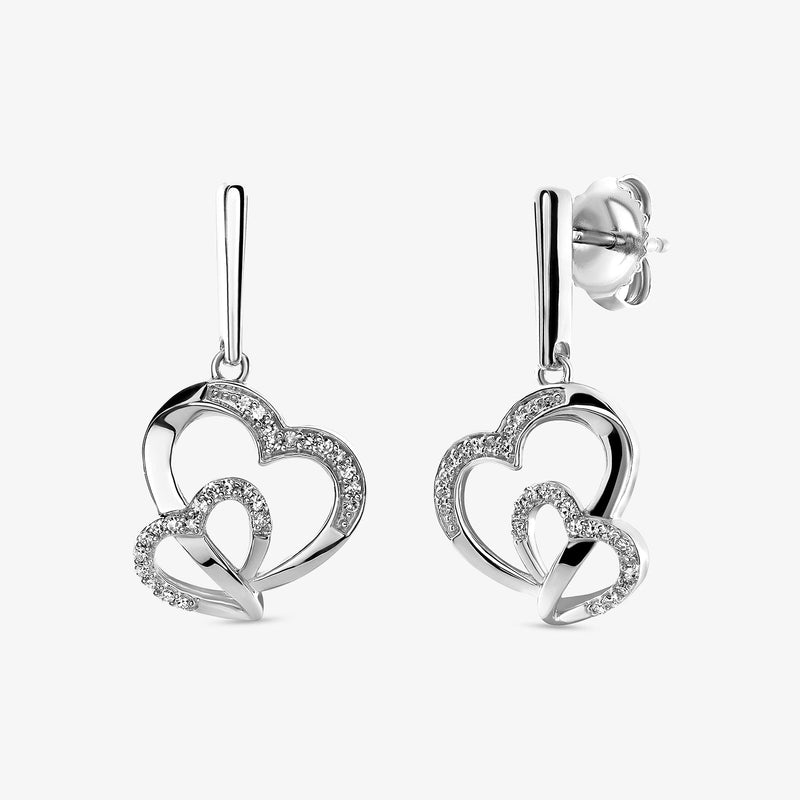 Silver-tone heart drop earrings with interlocking hearts and pavé detailing, butterfly back