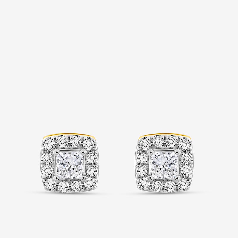 Keemti Jewels CLASSIC Princess Stud Earrings feature a halo of round stones in white and yellow metal on a white background.