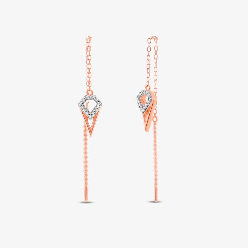 Keemti Jewels VOGUE Sui Dhaga earrings: V-shaped rose gold threaders with chain drops on a white background.