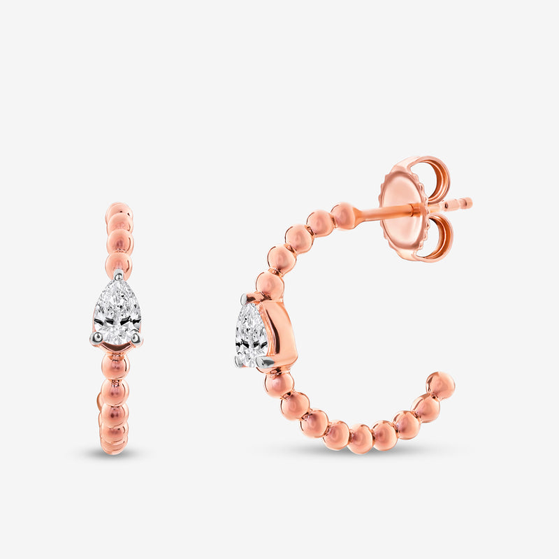 Rose-gold beaded pear hoop earring with pear-cut clear stone front and stud backing
