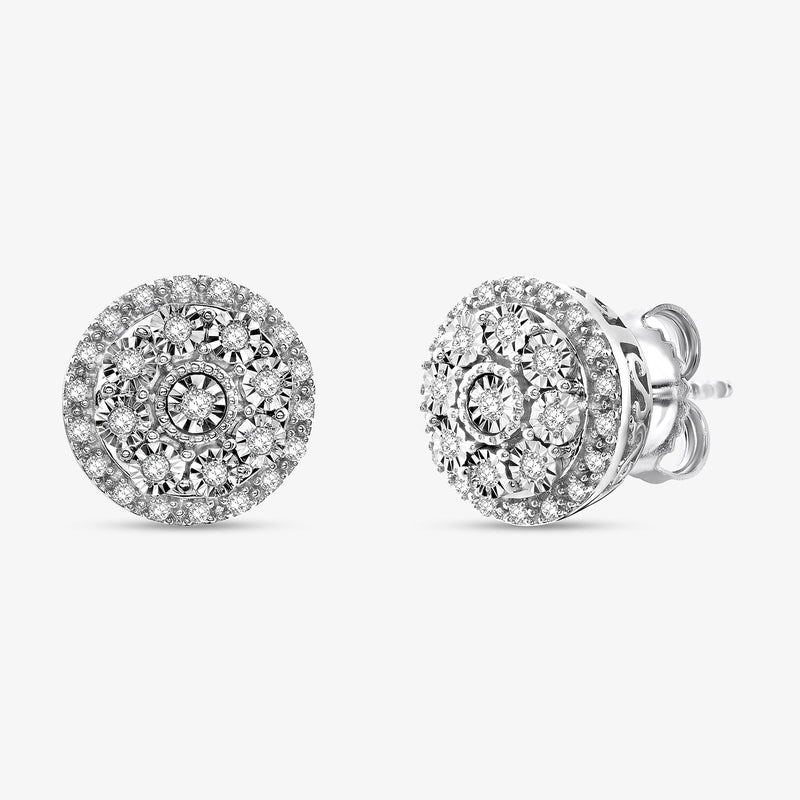 Bloom Stud Ohrringe, silberfarbener runder Steinbesatz mit sichtbarer Rückseite