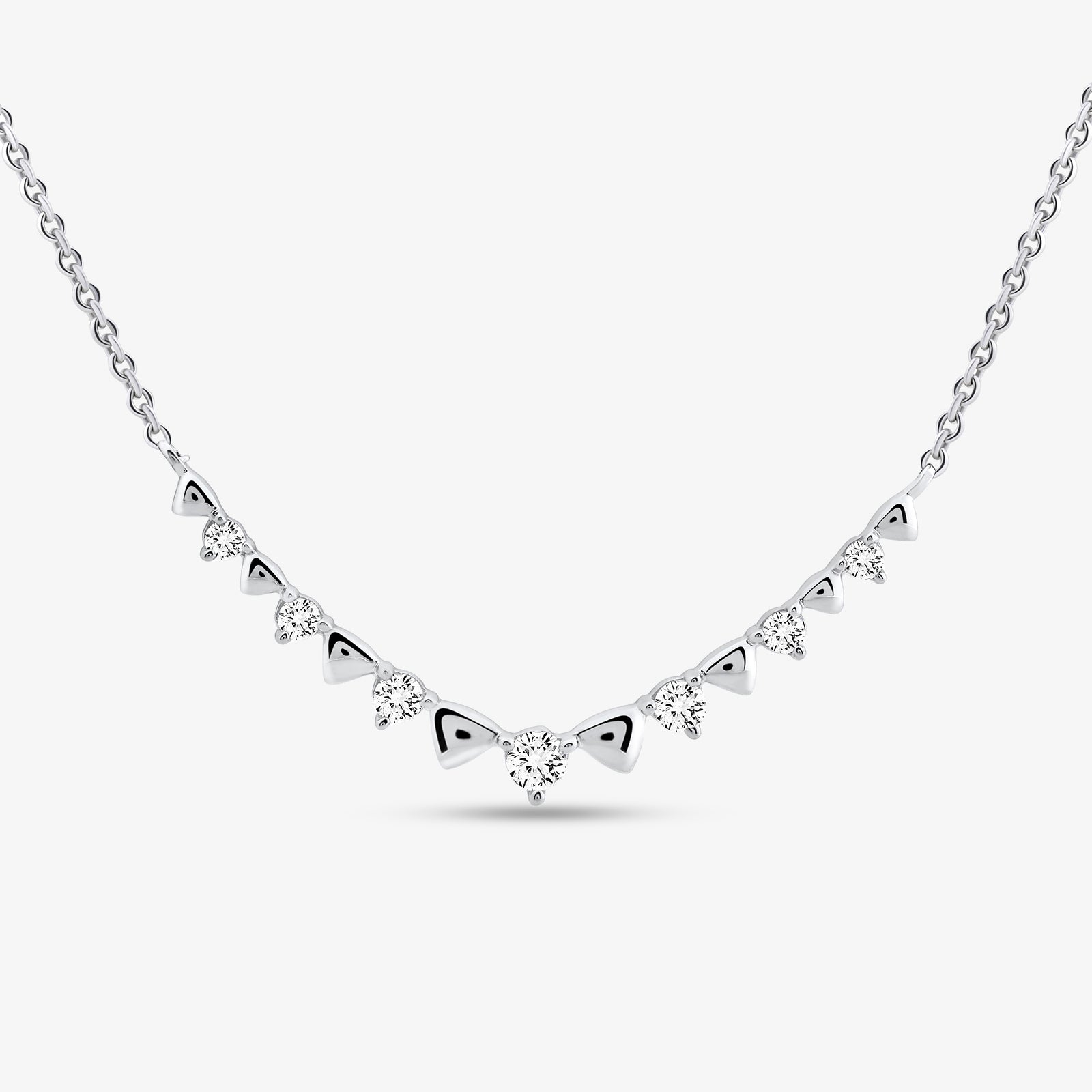 Curve Diamond Halskette, gebogener Steinreihen-Design aus Dreiecken und Tropfen, Silber 925