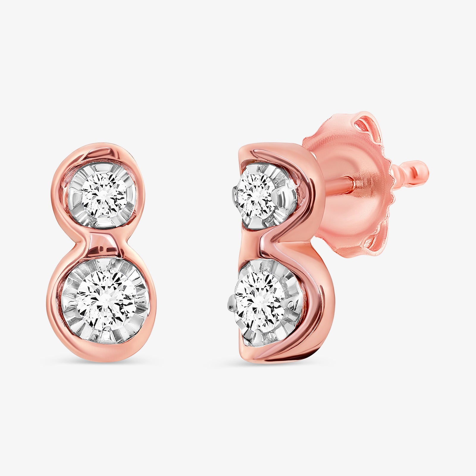Rose-gold twin spark stud earrings, showing front and back views with two round clear stones