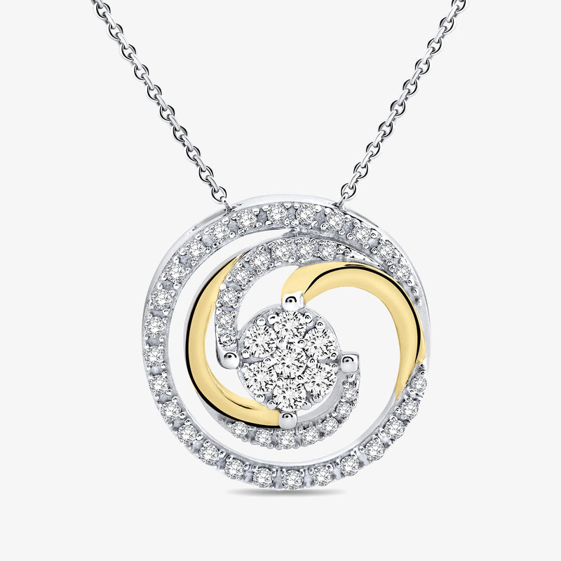 Swirl necklet pendant: round double halo pavé with gold-toned inner ring, silver chain