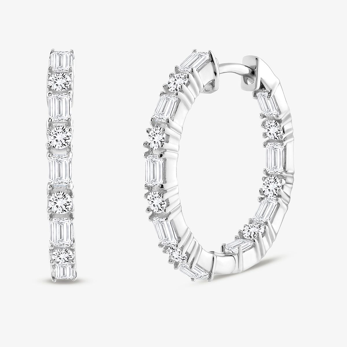 The ORBIT shine huggie earrings by Keemti Jewels feature round and baguette diamonds in white gold, ideal for daily wear.