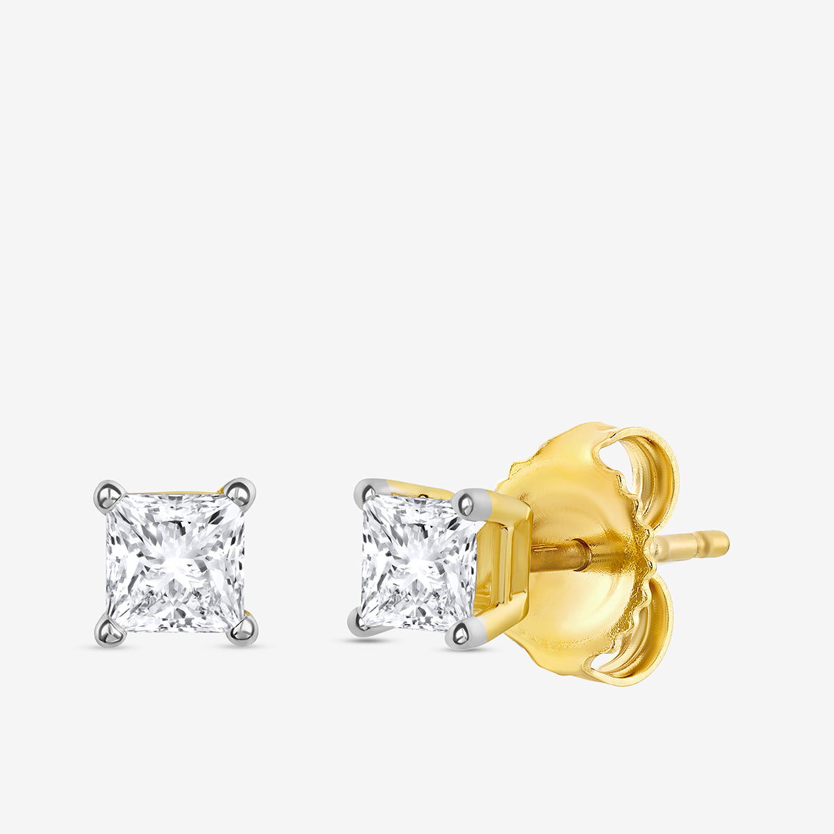 Keemti Jewels SQUARELUMIN Solitaire Stud Earrings: gold, square design with clear gemstones in prong settings.