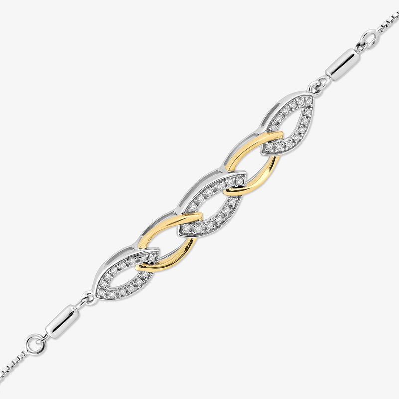 Two-tone bolo bracelet close-up: oval interlinked links with gold accents, pavé