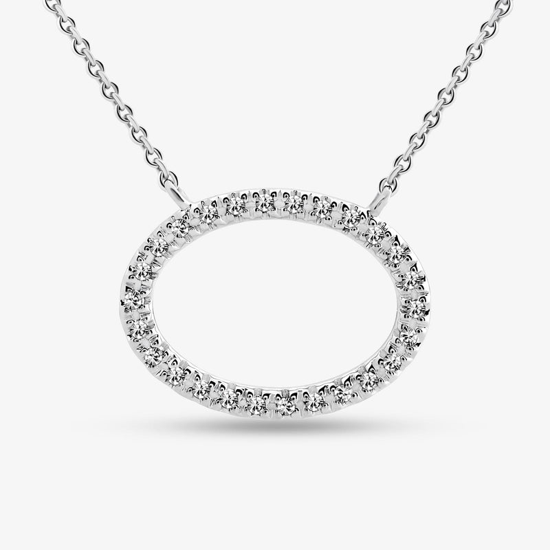 Oval halo pendant necklace, silver 925 oval ring with clustered stones, chain visible