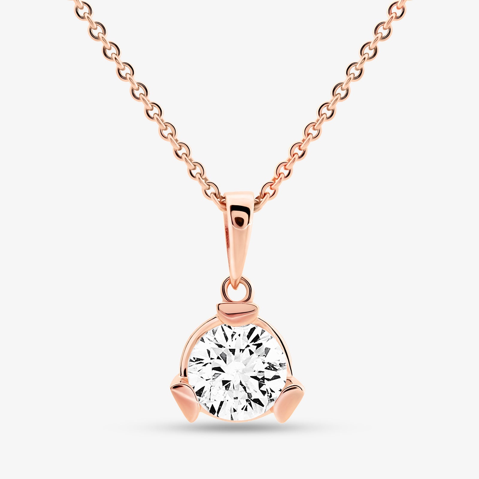 Rose-gold diamond necklace pendant with prong-set round stone on chain