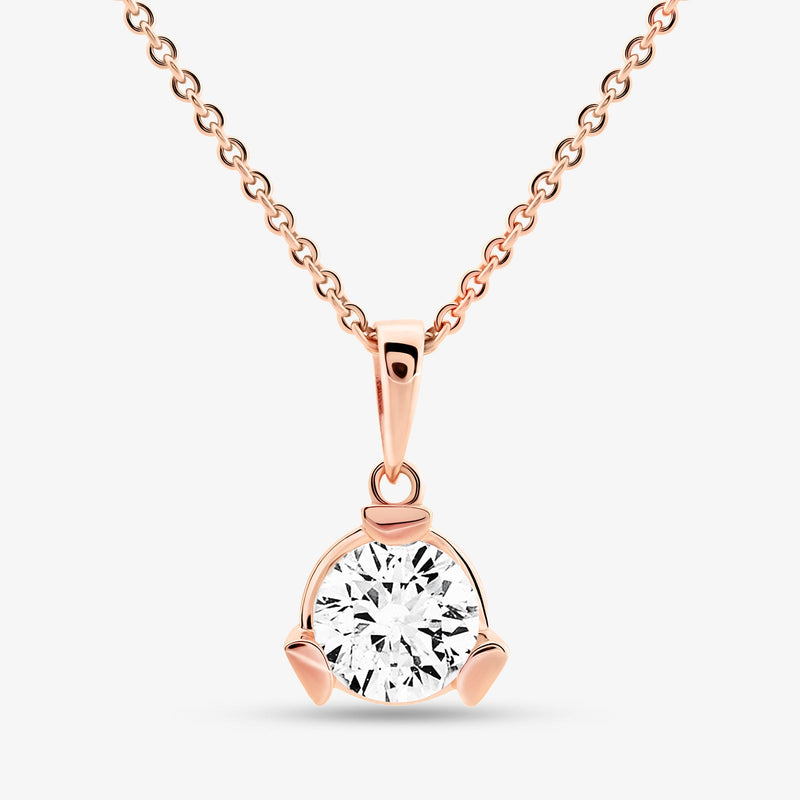 Rose-gold diamond necklace pendant with prong-set round stone on chain