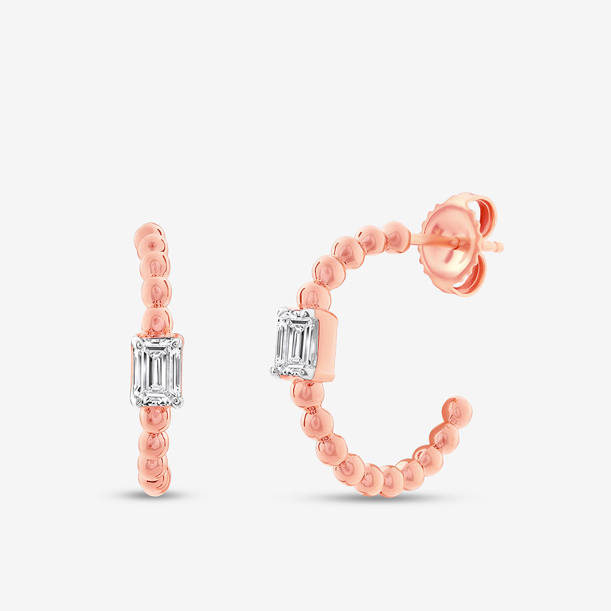 Front view hoop earring with small bead links and rectangular clear stone, rose-gold