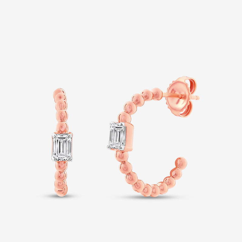 Front view hoop earring with small bead links and rectangular clear stone, rose-gold