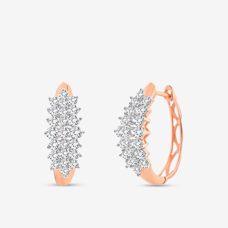 The AURORA Grid Huggie Earrings by Keemti Jewels feature rose gold hoops set with clusters of sparkling round white diamonds in a marquise pattern, shown on a plain white background.