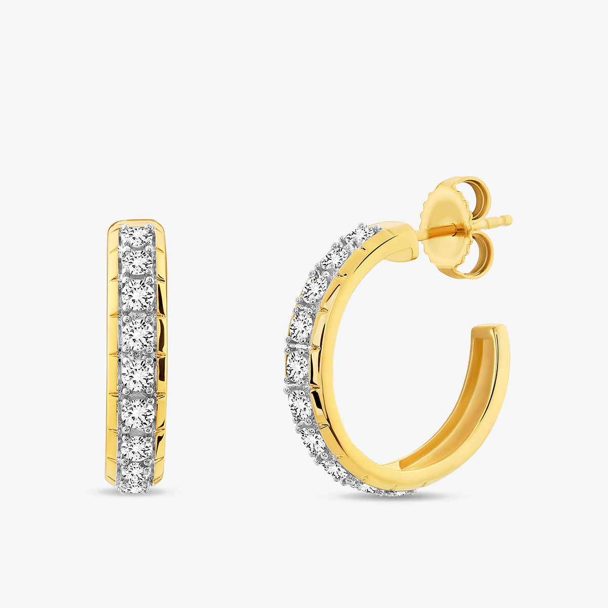 The CLASSIC Curve Hoop EARRINGS by Keemti Jewels are gold huggie hoops featuring round diamonds on the front edge, shown from side and angled views against a plain white background.