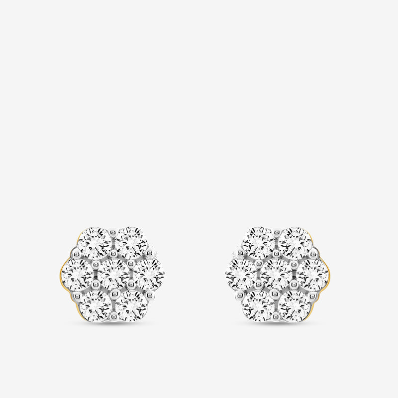 Shine stud earrings, 14Kt yellow gold with round clear stone cluster