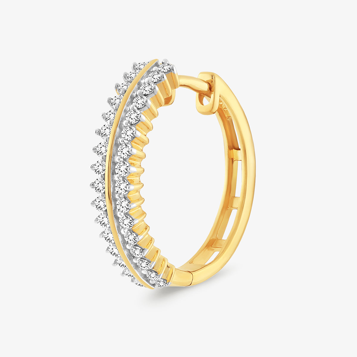 The EVERLIGHT Curve Hoop Earrings by Keemti Jewels feature two rows of sparkling diamonds and a sleek gold silhouette.