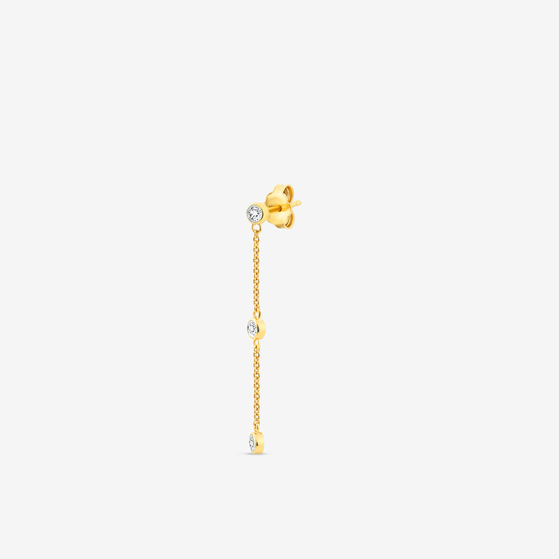 Keemti Jewels TRIO Trail Dangler Earrings feature a gold linear chain with three bezel-set diamonds on white background.
