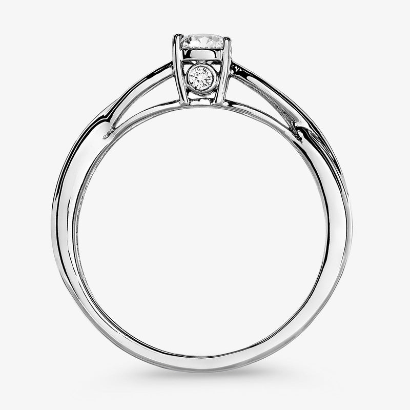 Twist solitaire ring with round center stone and prongs, silver-tone band