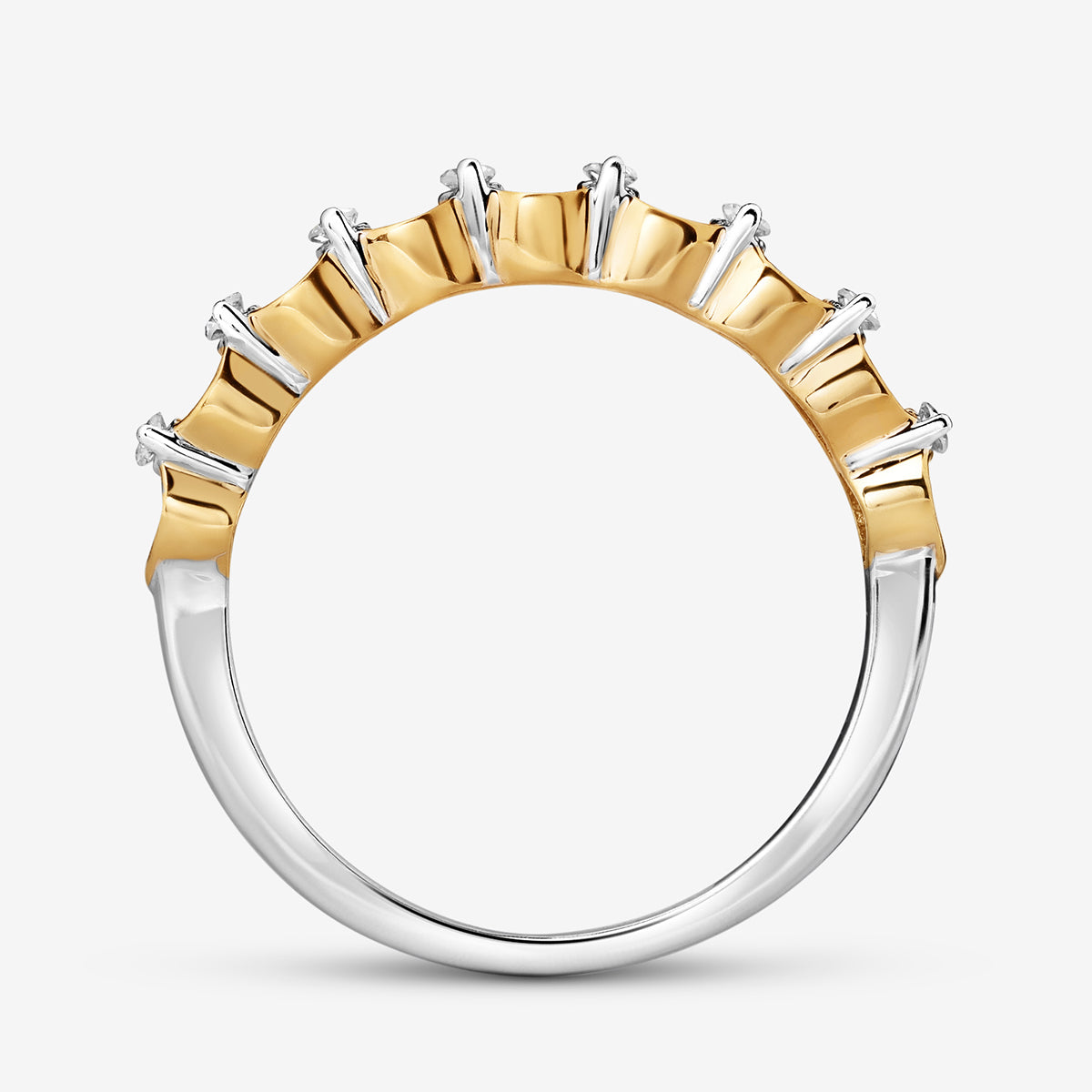 Keemti Jewels CREST Twist Diamond Ring: Silver band, gold setting, modern minimalism, baguette-cut stones in a row.