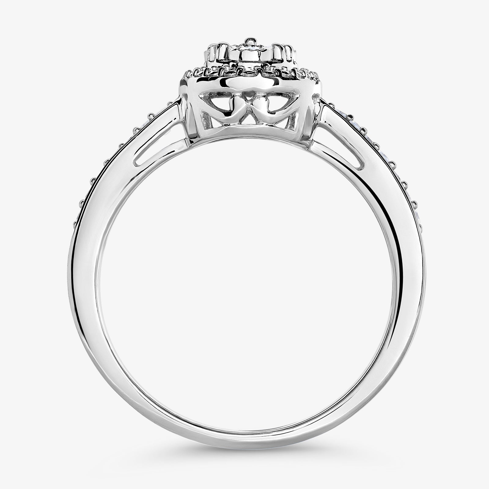GRACE Cluster Ring Rückansicht: Sterlingsilber, gefasste Halo-Umrandung und Steinstreben