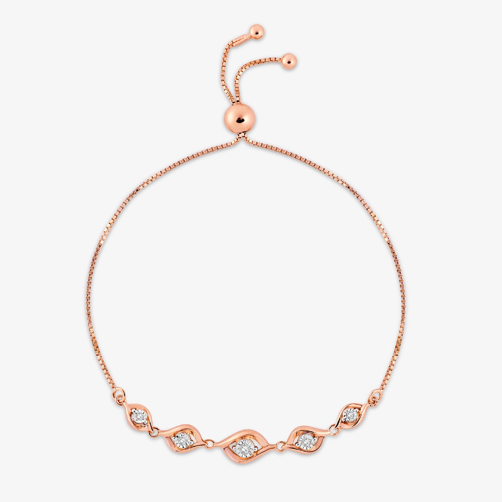 Leaf bolo bracelet with five-leaf style oval settings and small rose-gold end beads