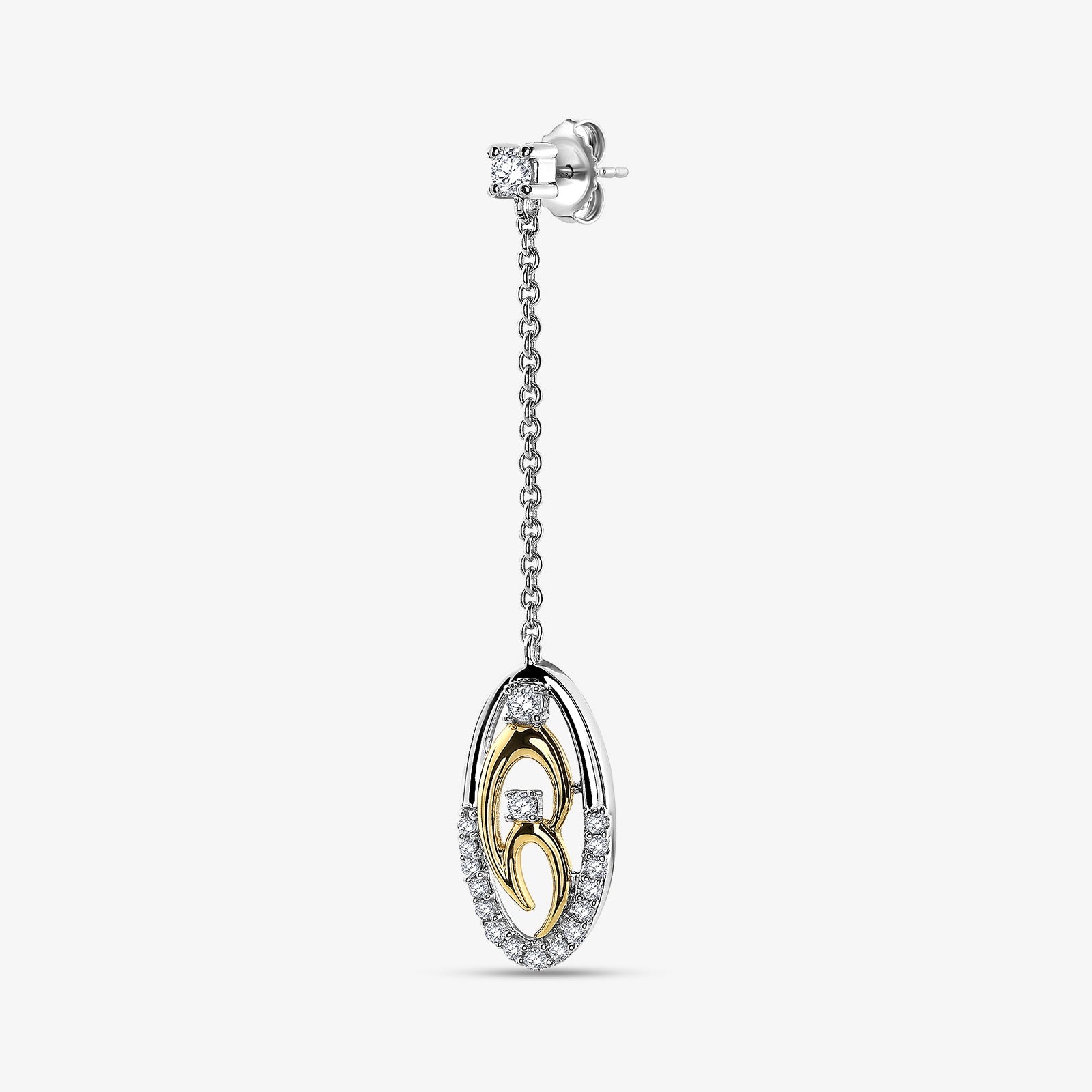 Single two-tone chain drop earring, oval face with gold inlay and pavé outer edge