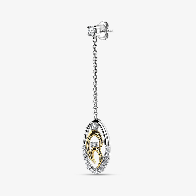 Single two-tone chain drop earring, oval face with gold inlay and pavé outer edge