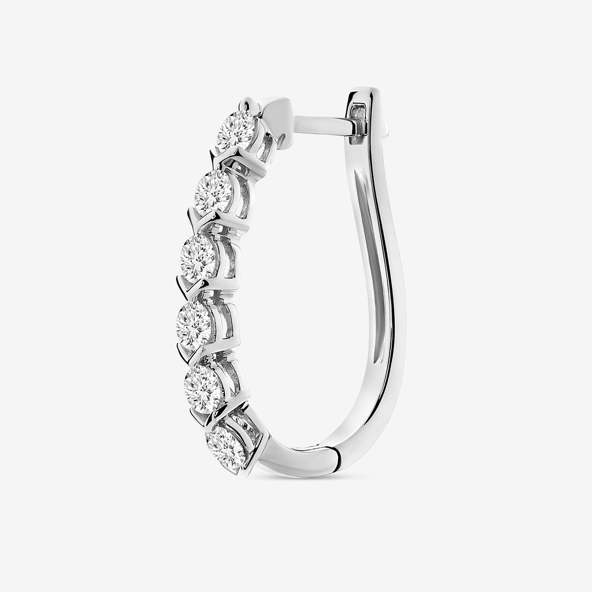 Side view of vertical halo hoop earrings with five round stones, silver-tone finish