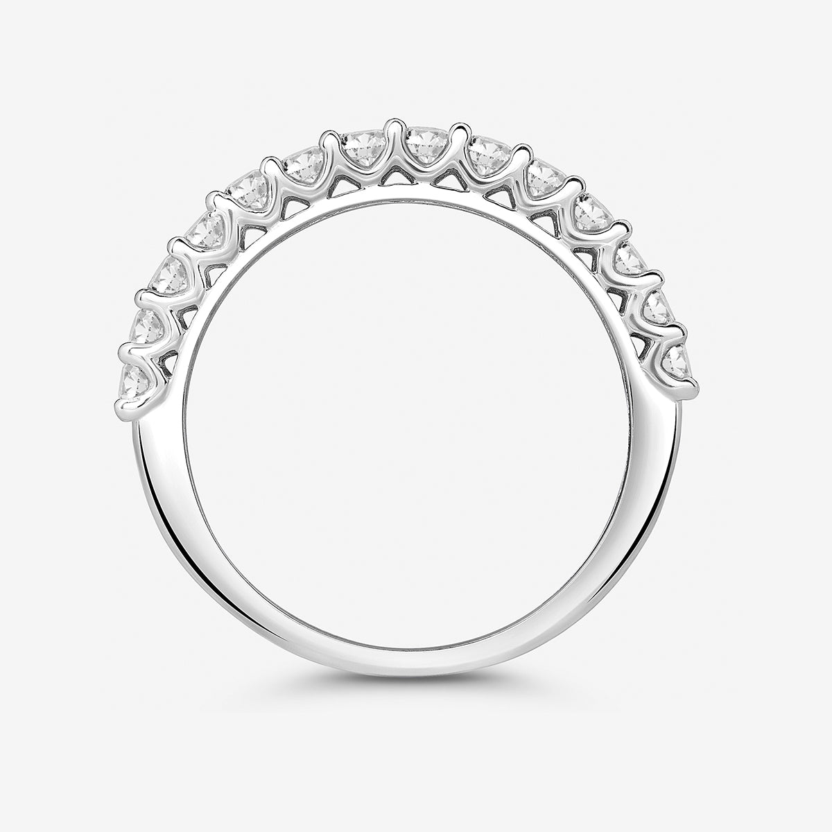 Ring top view with rounded shoulders and pavé stones across the band