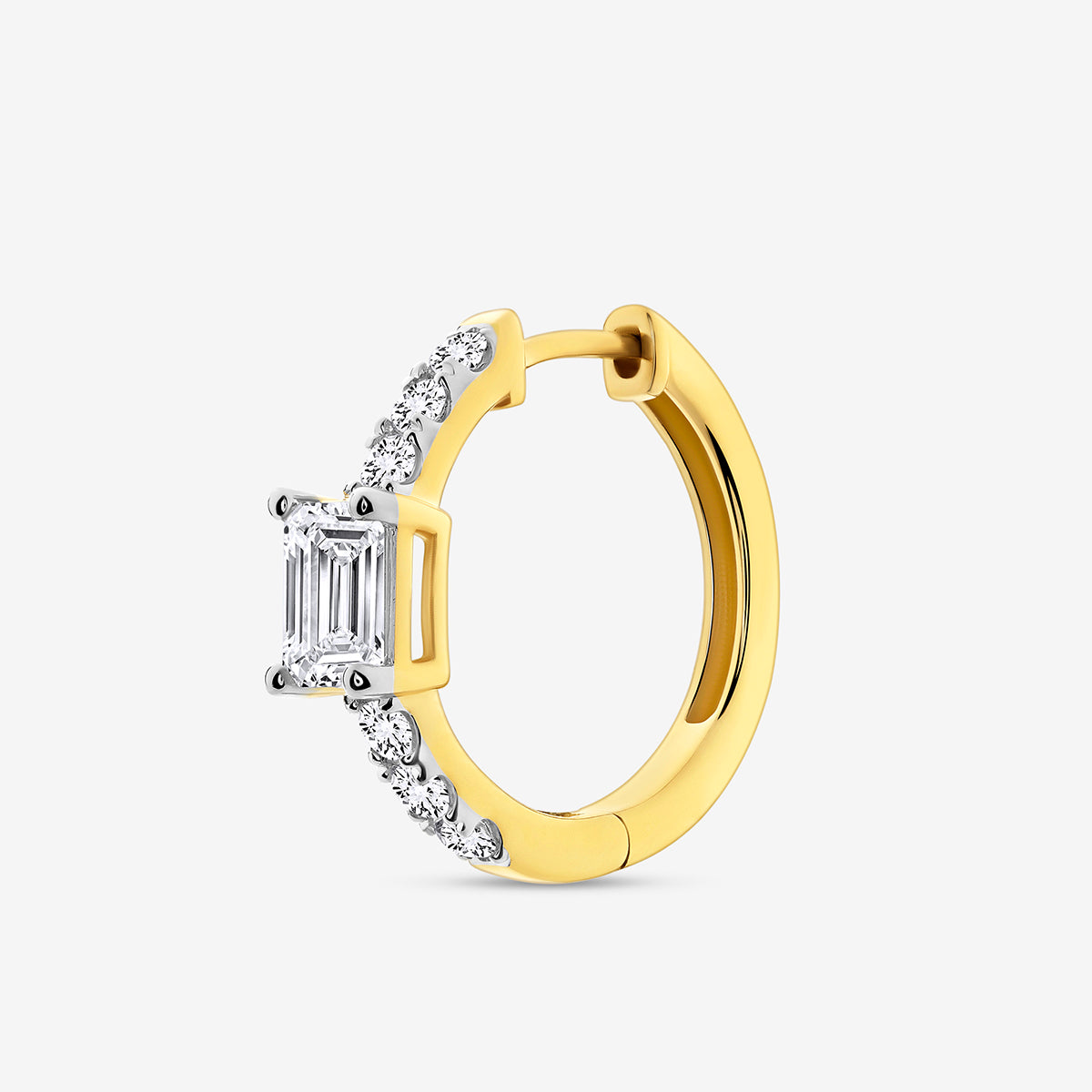 The AERIS Emerald Huggie Earrings by Keemti Jewels feature a gold hoop with emerald-cut stones and sparkling diamonds.