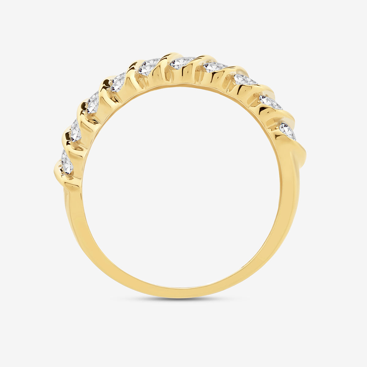 Spiral eternity ring front view: gold bezel rows with small round clear stones