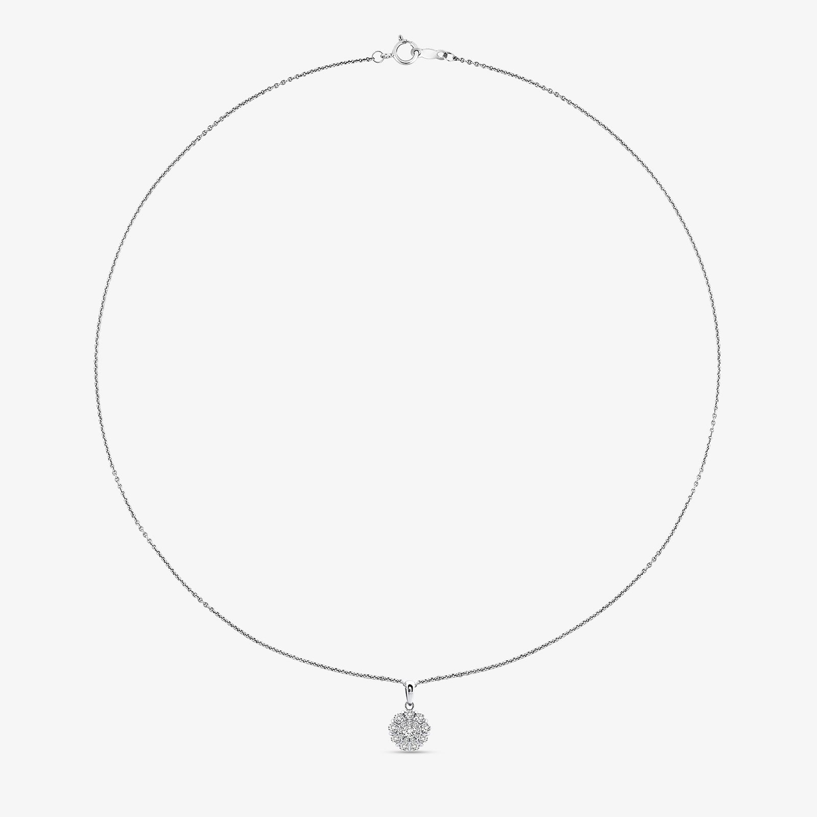 Daisy Glow Diamond necklace chain with small daisy pendant, round center, silver